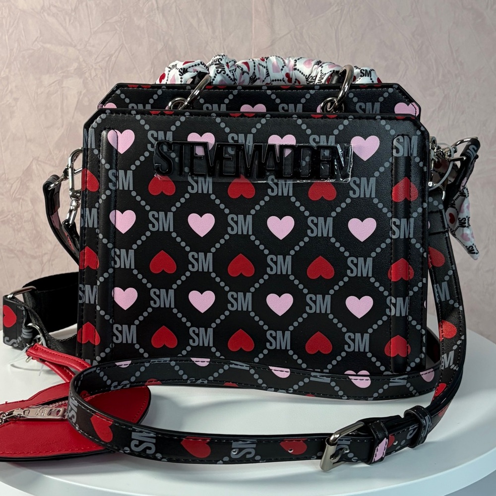 Steve Madden BEvelyn Black Crossbody Bag with Red and Pink Hearts
